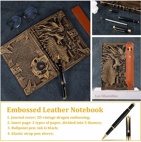 Vista 5 de Cuaderno vintage de cuero con relieve de dragón DND, cuaderno de viaje con bolígrafo negro y funda para bolígrafo. Diario A5 antiguo hecho a mano