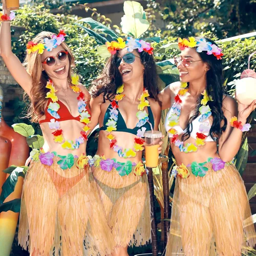 Vista 4 de Paquete de 5 faldas hawaianas de hierba hula para fiesta de Hawaii Luau, falda de baile Hula con accesorio de disfraz de fiesta hawaiana Lei Hawaii