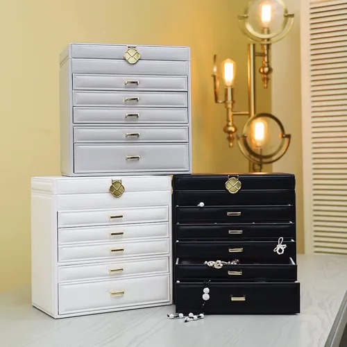 Vista 7 de Vlando Joyero grande de 6 niveles para mujer, organizador de joyas grande con espejo, organizador de joyas para cajón, collar, anillo, pulsera