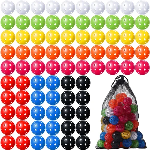 Vista 14 de MiniInflat Paquete de 80 pelotas de práctica de golf con vuelo limitado de 42 mm, pelota de entrenamiento de golf de plástico hueca con flujo