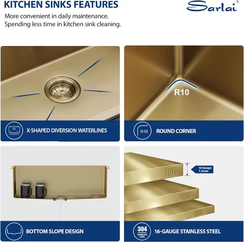 Vista 5 de Sarlai Gold Fregadero de Cocina Empotrado - Fregadero de Cocina de 28 Pulgadas Empotrado de Acero Inoxidable Dorado Tazón Individual de 28" x 19
