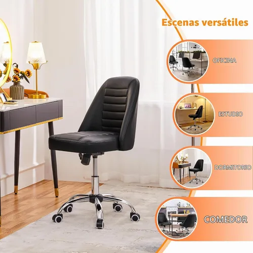 Vista 8 de Yaheetech - Silla de escritorio de piel sintética negra sin brazos, giratoria ajustable