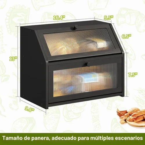 Vista 7 de BMOSU Panera grande de doble capa para encimera de cocina, almacenamiento de madera de bambú (negro)