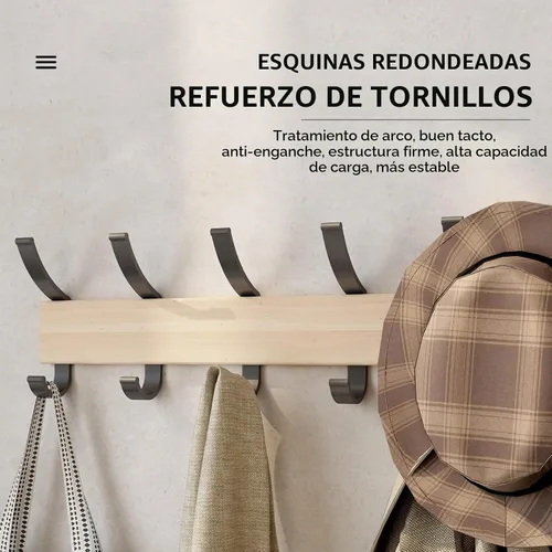 Vista 9 de Perchero de madera maciza para colgar en la pared, colgador de entrada, perchero de madera de metal con 5 ganchos de aluminio negro para bufanda