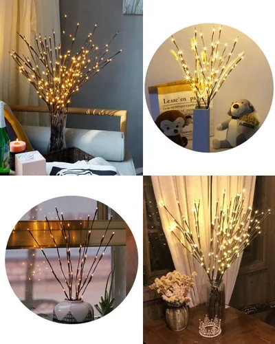Vista 5 de Luces LED de rama, funciona con pilas, blanco cálido, marrón, plástico, 20 LED, 5 postes flexibles, 25 pulgadas, decoración moderna de oficina
