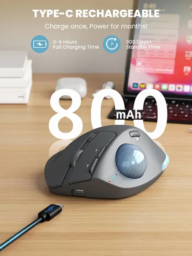 Vista 7 de Ratón de Trackball inalámbrico, ángulo ajustable recargable, mouse gris retroiluminado Ratón ergonómico MAM1 Pro con punta redonda con 5 niveles