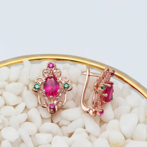 Vista 4 de SAGEKING 2024 New 585 Purple Gold Plated 14K Rose Gold Green Crystal Inlaid Exquisite Rhombus Ruby Earrings For Women Luxury New Wedding Jewelry