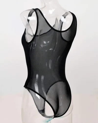 Vista 4 de Ypser Enterizo transparente para mujer, sin mangas, lencería de una pieza, malla transparente