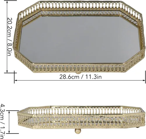 Vista 2 de Bandeja de espejo para mesa de té, plato decorativo grande, plato de fruta, bandeja de hierro dorado retro