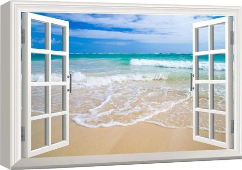 Vista 26 de wall26 - Cuadro en lienzo para pared, vista de ventana, atardecer neón, cielo, palmera tropical, playa, naturaleza, desierto, fotografía, realismo