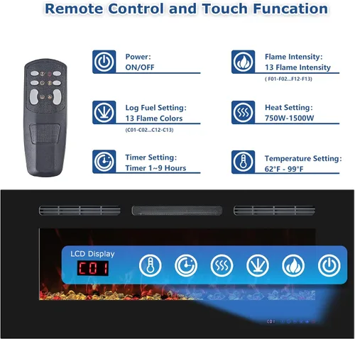 Vista 4 de Chimenea eléctrica de 30 pulgadas, inserto de chimenea eléctrica empotrable montado en la pared, calentador de chimenea con temporizador, control
