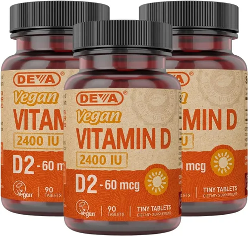 Vista 6 de DEVA Vitamina D2 vegana 60 mcg 2400 UI, suplemento de ergocalciferol sin ingredientes animales, 90 tabletas (paquete de 2)