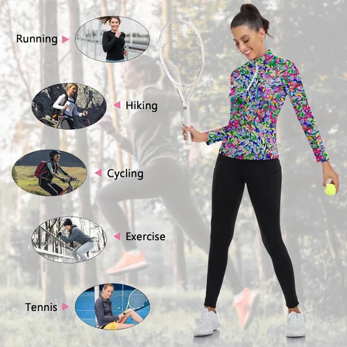 Vista 5 de WOWENY - Camiseta de manga larga con cremallera de 1/4 para mujer, con cuello, para hacer deporte, con estampado, para tenis Hoja multicolor.