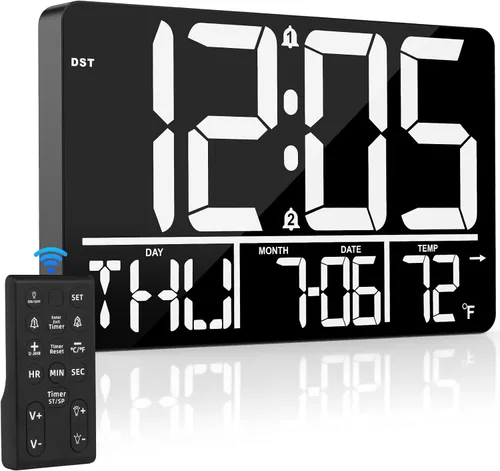 Vista 9 de PERSUPER - Reloj de pared digital de 13 pulgadas con control remoto, temperatura y temporizador
