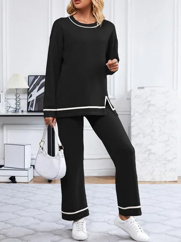 Vista 7 de I2CRAZY Conjunto de suéter para mujer, 2 piezas, manga larga, cuello redondo, cintura alta, pierna ancha, conjuntos de ropa de descanso
