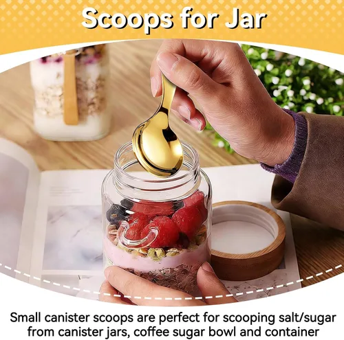 Vista 2 de 5 mini cucharas de helado para recipientes, mini cucharas doradas para servir dulces, acero inoxidable, mango corto, condimentos de sal, cucharas