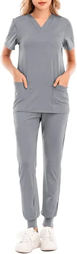 Vista 4 de Conjunto de ropa quirúrgica para mujer, conjunto de camiseta quirúrgica y pantalón deportivo, con cuello en V, manga corta, ropa de trabajo
