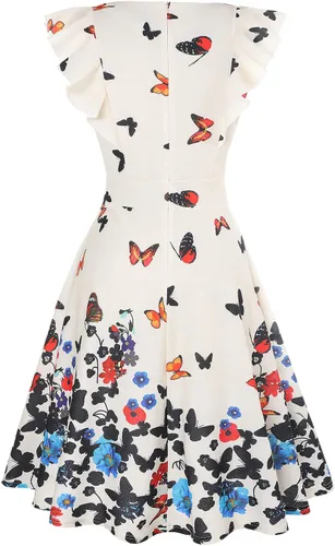 Vista 4 de IHOT - Vestidos para fiestas de cóctel de estilo casual, con vuelo, acampanados, con volantes, estampado floral y vintage para mujer, con bolsillos