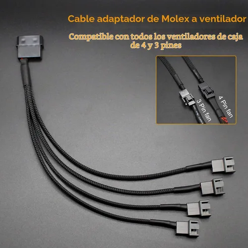 Vista 2 de Molex - Adaptador de ventilador de 4 pines para carcasa de PC de 3 pines y 4 pines, ventiladores de refrigeración de 12 V, cable de alimentación