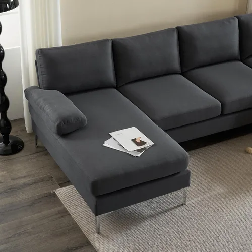 Vista 5 de Karl home - Sofá seccional de 110 pulgadas en forma de U, 4 asientos, color gris Double Chaise, Linen Fabric Upholstered, Metal Legs, Room