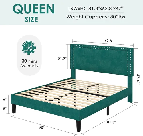 Vista 100 de VECELO Base de cama de plataforma de tamaño individual con cabecera tapizada de altura ajustable, base de colchón moderna, soporte de listones