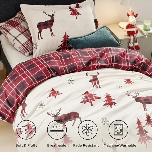 Vista 5 de Bedsure Juego de funda de edredón de Navidad tamaño individual, juego de ropa de cama festivo para niños con un diseño reversible a cuadros