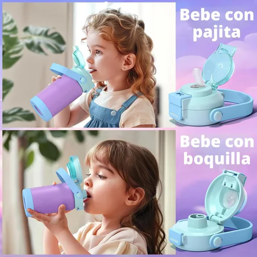 Vista 3 de Botella de agua aislada para niños con pop-open pajita y pico 2-en-1, botella de agua aislada de 14 onzas para niños, botella de acero inoxidable