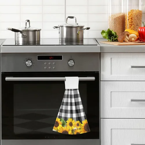 Vista 2 de ALAZA Juego de 2 toallas de cocina colgantes con diseño de girasol amarillo y negro, blanco y negro, juego de toallas de mano, paños absorbentes