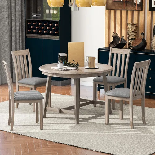 Vista 17 de Juego de mesa de comedor de madera de 5 piezas, mesa de comedor redonda extensible con 4 sillas de comedor, juego de mesa de cocina