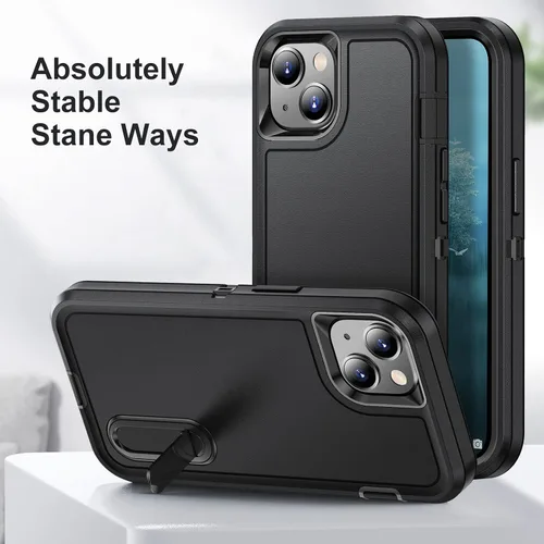 Vista 4 de IDweel Funda negra para iPhone 14, funda negra para iPhone 13 con soporte para hombre, protección resistente a prueba de golpes, antiarañazos Negro