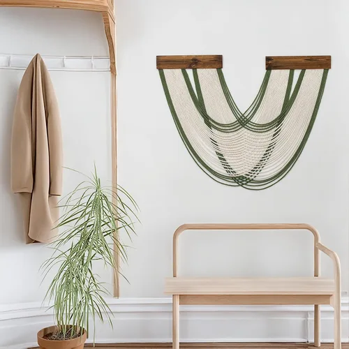 Vista 2 de Tapiz bohemio de macramé para colgar en la pared, tejido teñido anudado de fibra verde y blanca, hecho a mano, para colgar en la pared, grande
