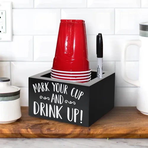 Vista 6 de Kitticcino Dispensador de tazas de madera para fiesta con organizador y portavasos para decoración moderna del hogar de granja, suministros