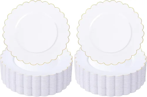 Vista 13 de SUT 72 platos negros, platos de plástico negro con borde dorado, platos desechables resistentes, platos llanos de plástico de 10.25 pulgadas, platos