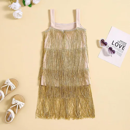 Vista 3 de Vestido de lentejuelas para niños, vestido sin mangas con borlas brillantes, vestido de baile latino para fiesta, vestido de baile latino, 1-6T