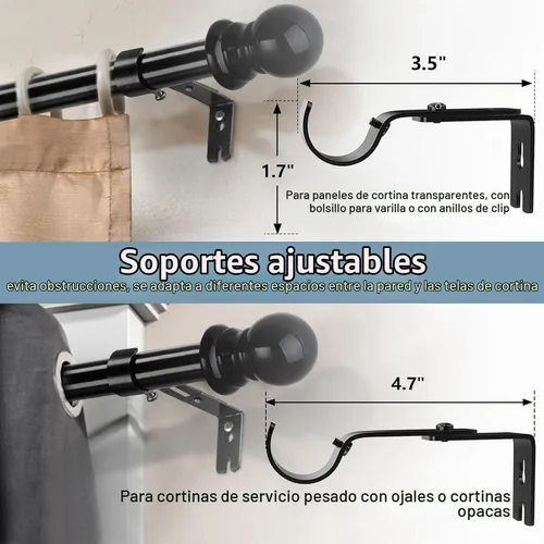 Vista 4 de Barras de cortina negras para ventanas de 66 a 120 pulgadas, barra de metal resistente de 1 pulgada para cortinas y cortinas, barras de cortina