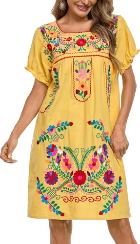 Vista 10 de YZXDORWJ Vestido bordado mexicano de manga corta para mujer 222BK