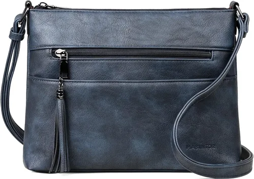 Vista 8 de MASINTOR Bolsos cruzados para mujer, bolso cruzado ligero y mediano, de cuero suave, bolsos de hombro para mujer con borla, Gris azul, Bandolera
