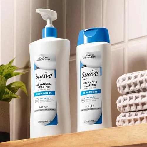 Vista 6 de Suave + Loción curativa avanzada para manos y cuerpo para mujeres con ceramidas para piel muy seca, hidratante, no grasosa, crema hidratante sin