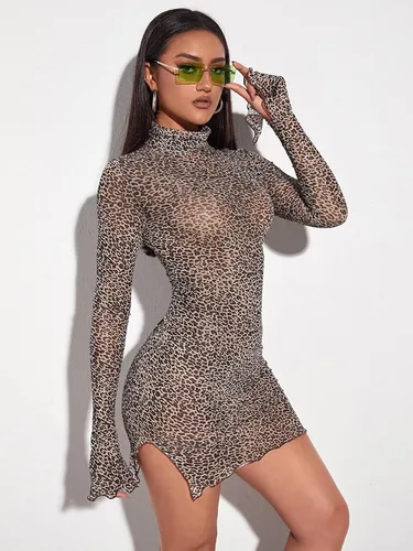 Vista 3 de Floerns Women's All Over Print Mock Neck Long Sleeve Mesh Bodycon Mini Dress