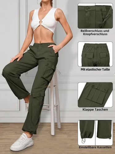 Vista 4 de ZMPSIISA Pantalones de mujer de cintura alta, pantalones cargo militares de pierna ancha, pantalones casuales de 8 bolsillos