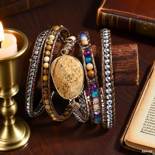 Vista 7 de Women Boho Wrap Bracelet Natural Jasper Crystal Stone Bead Strand Bracelets Marrón