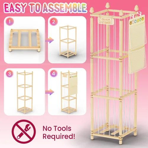 Vista 6 de Almacenamiento de animales de peluche: organizador grande de almacenamiento de juguetes de madera con 1 red de almacenamiento extraíble para colgar