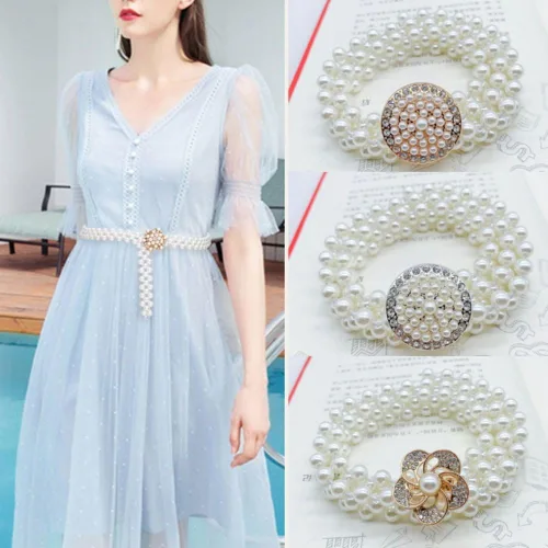 Vista 4 de Cinturón elástico Accesorios de ropa Cadena de cintura elegante Retro Elástico Perla Cinturón para Mujer(7), Blanco