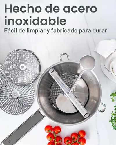 Vista 5 de Molinillo de Alimentos de Acero Inoxidable con 4 Discos Mejorado – Diseño Rotatorio Ergonómico para Salsa de Tomate, Puré de Manzana, Comida