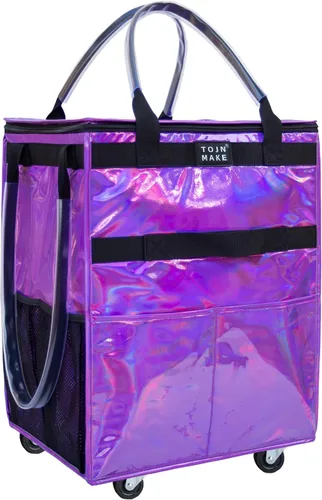 Vista 28 de Bolsa de comestibles reutilizable sobre ruedas, carrito de compras con 8 bolsillos y cubierta con cremallera, bolsa plegable con ruedas, asas