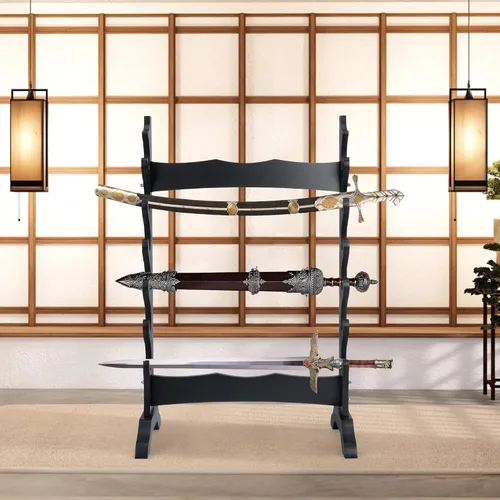 Vista 4 de lukar Soporte de espada de 6 niveles, soporte de exhibición de espadas multicapa, estante de madera para espadas, soporte de piso grande para Katana