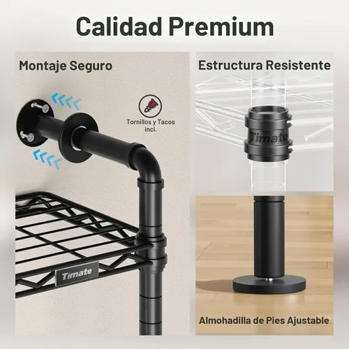 Vista 7 de Timate F3 - Perchero de pared mediano ampliable, perchero industrial para colgar ropa, perchero resistente con estantes, sistema de armario de pared