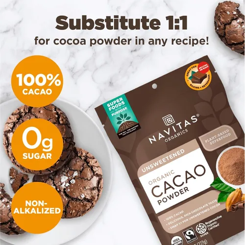 Vista 3 de Navitas Organics - Cacao en polvo - Sustituto de cacao en polvo 1:1, para chocolate caliente, horneado y más - Certificado orgánico regenerativo