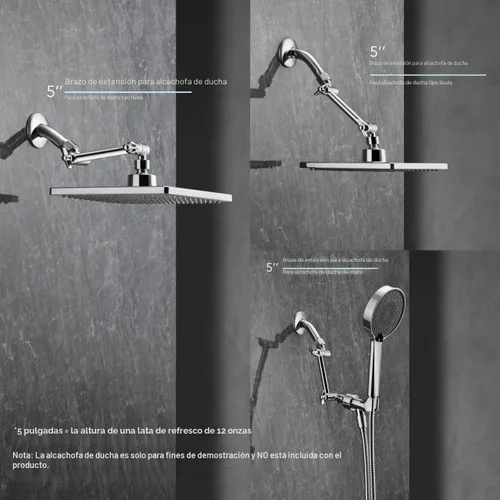 Vista 2 de Brazo de extensión para cabezal de ducha ajustable de 5 pulgadas, con tornillo de fijación con seguro, de latón cromado con ángulo ajustable