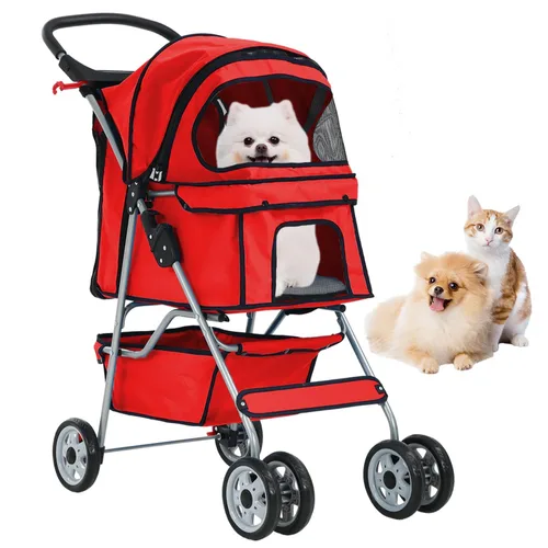 Vista 11 de Cochecito de perro de 4 ruedas, cochecito para mascotas, gatos, plegable, impermeable, con soporte para tazas y forro extraíble, cochecitos